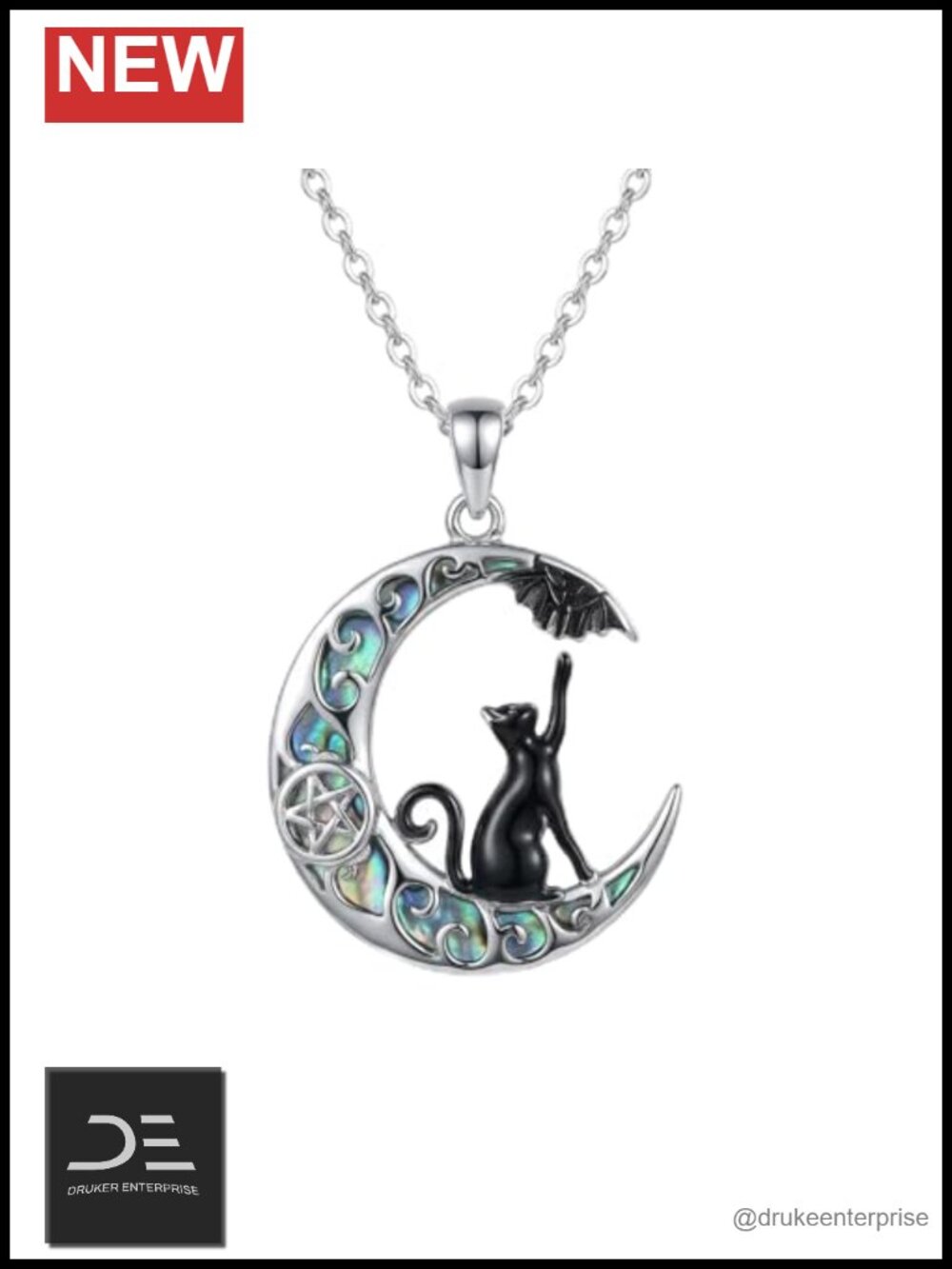 925 Sterling Silver Black Cat Necklace Celtic Moon Pendant Jewelry Gift